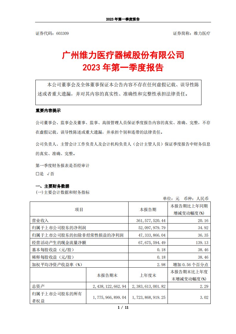 上交所-维力医疗2023年第一季度报告-20230419