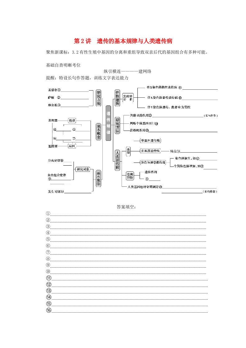 统考版2024高考生物二轮专题复习专题四生命系统的遗传变异育种与进化第2讲遗传的基本规律与人类遗传病教师用书