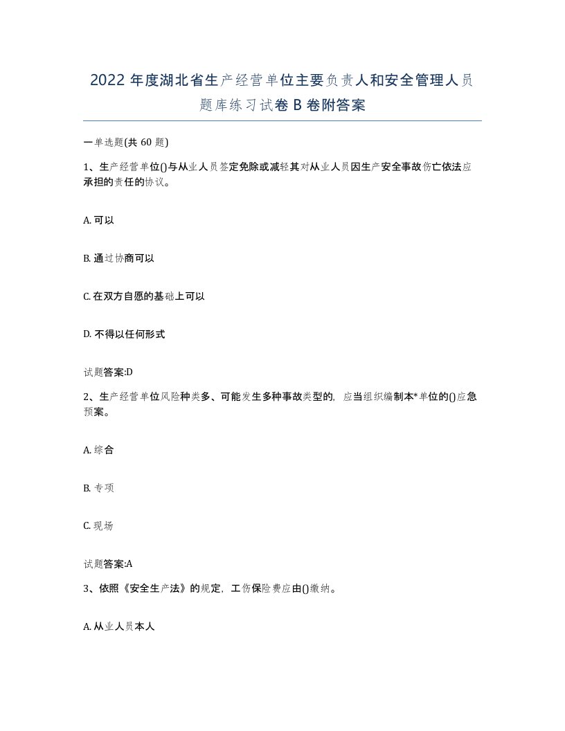 2022年度湖北省生产经营单位主要负责人和安全管理人员题库练习试卷B卷附答案