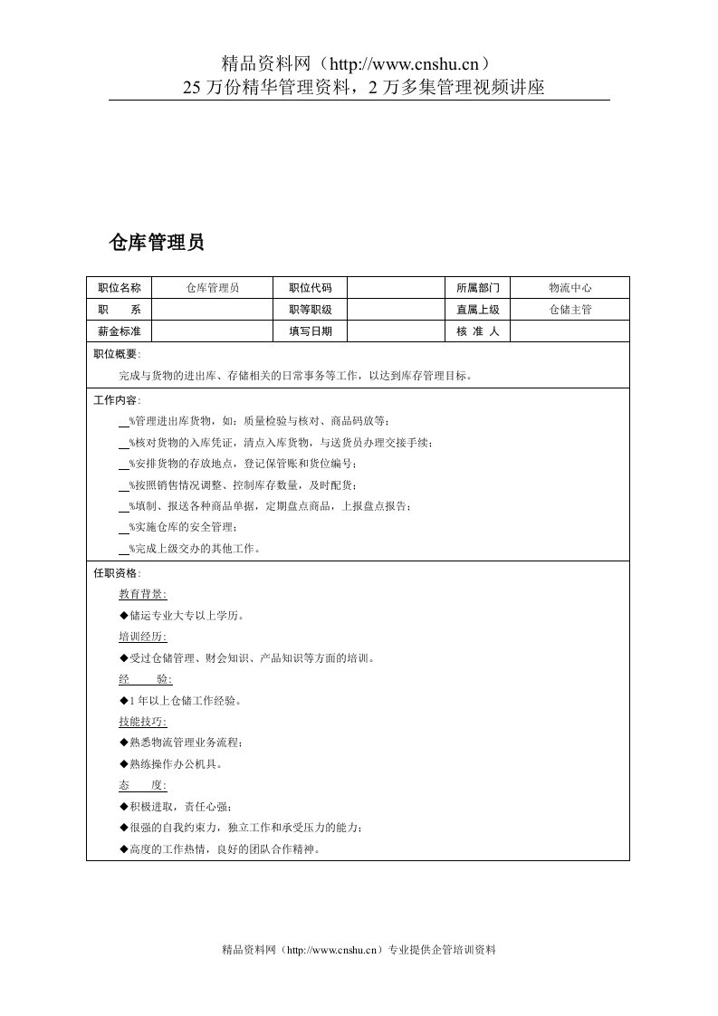 职位说明书-仓库管理员