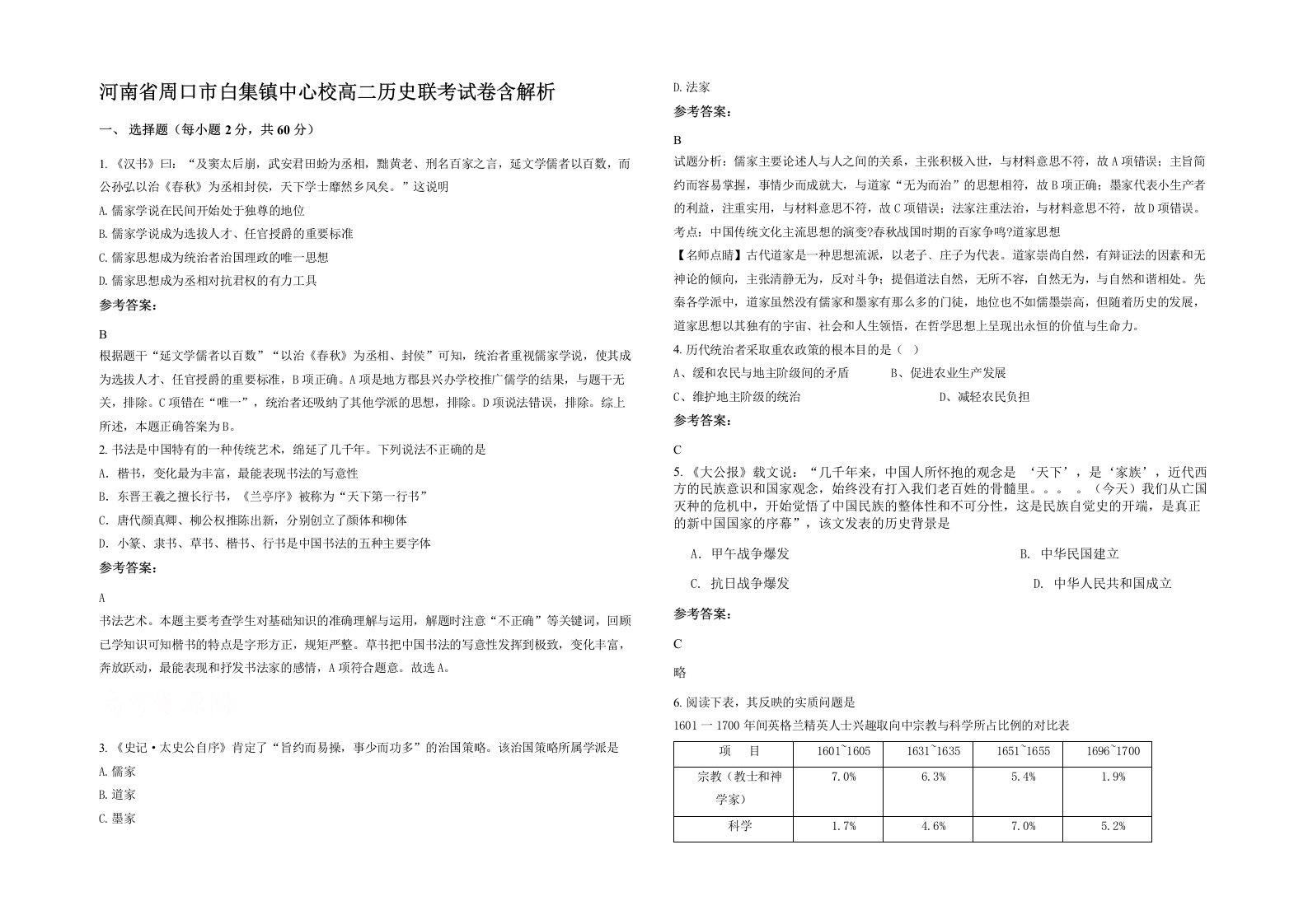 河南省周口市白集镇中心校高二历史联考试卷含解析