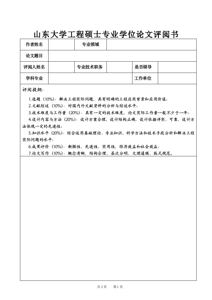 山东大学工程硕士专业学位论文评阅书