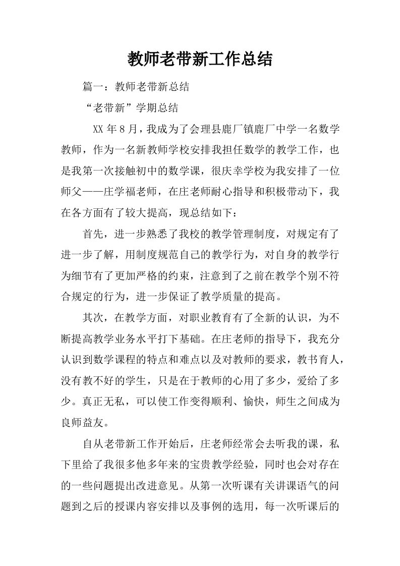 教师老带新工作总结