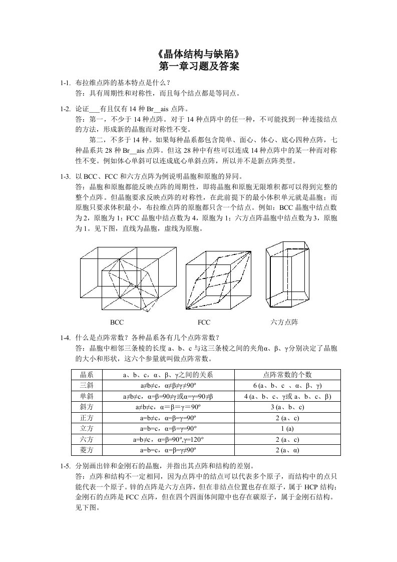 清华版材料科学基础1～4章习题及答案