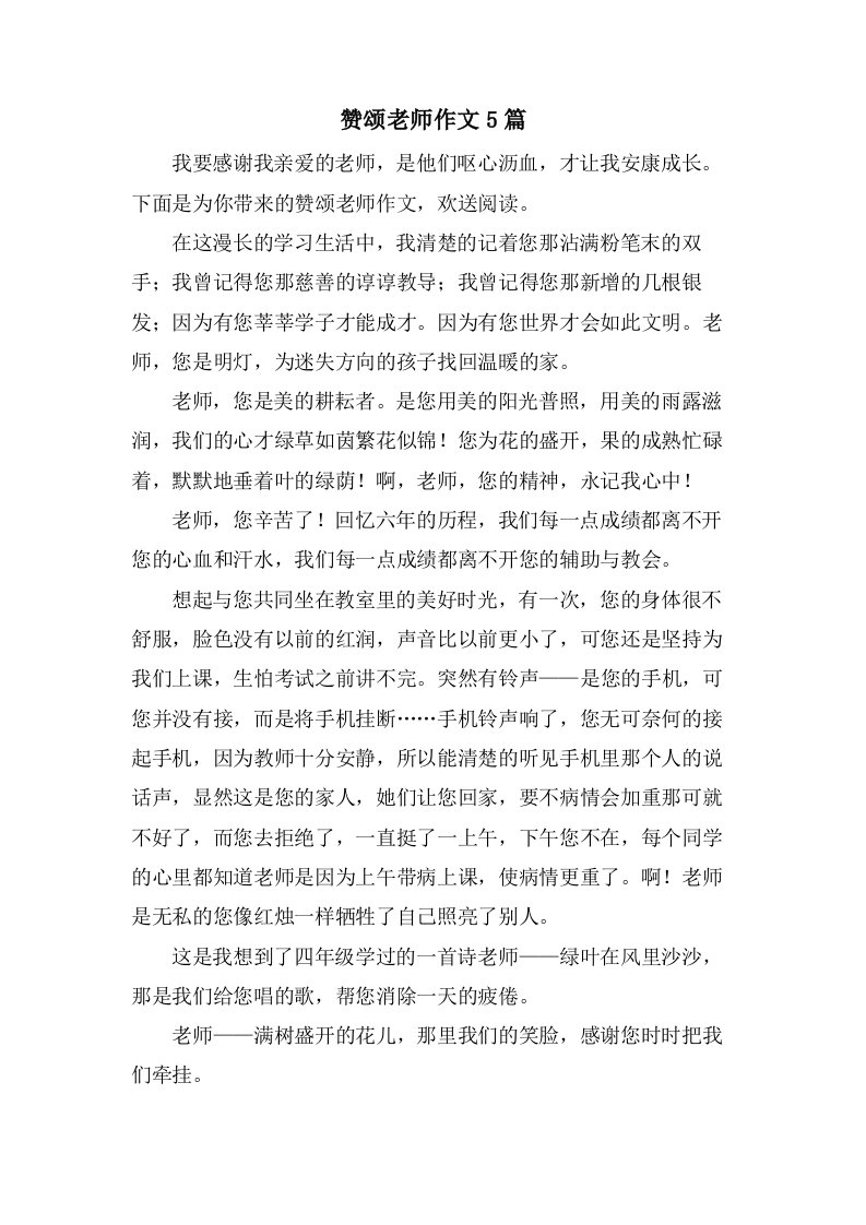 赞颂老师作文5篇