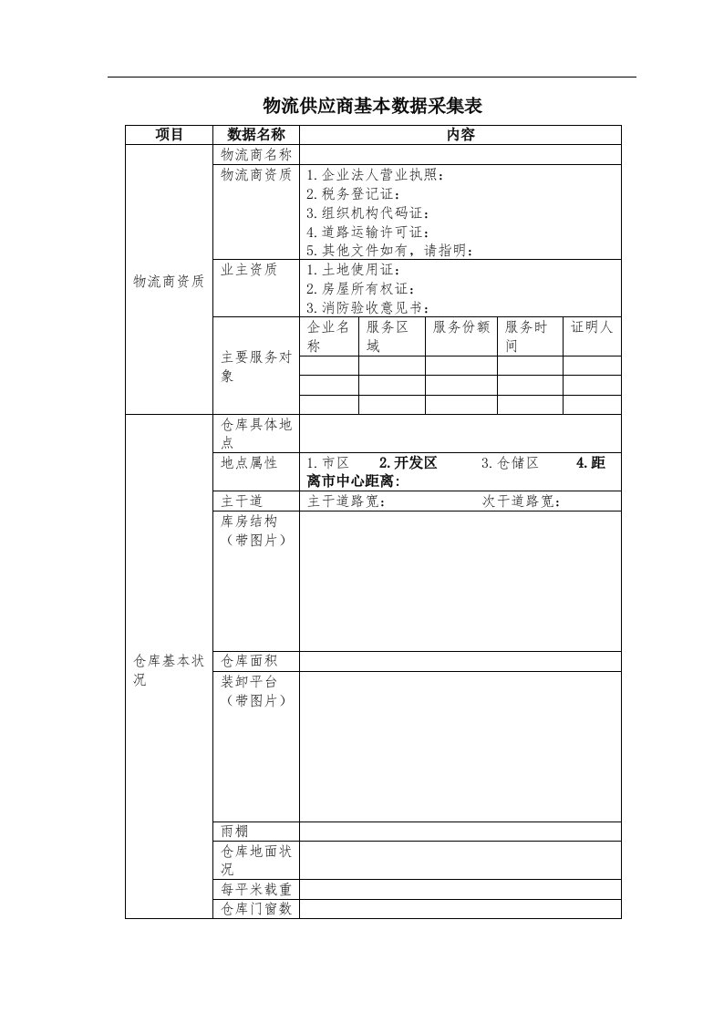 物流供应商基本数据采集表