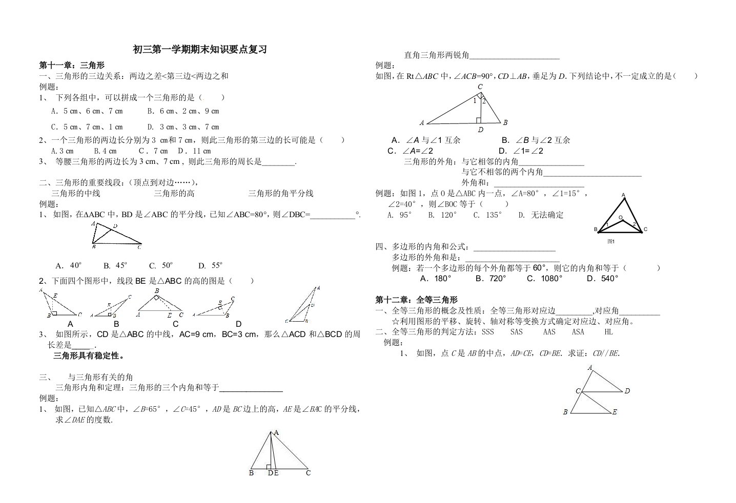 八年级第一学期数学知识要点复习