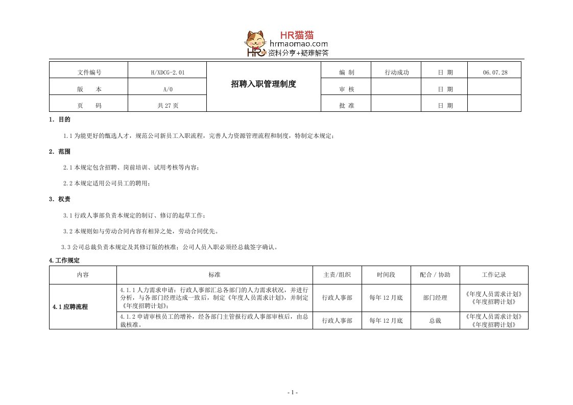 招聘入职管理制度-HR猫猫