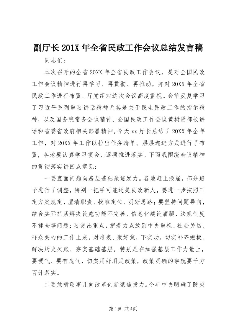 副厅长0X年全省民政工作会议总结讲话稿