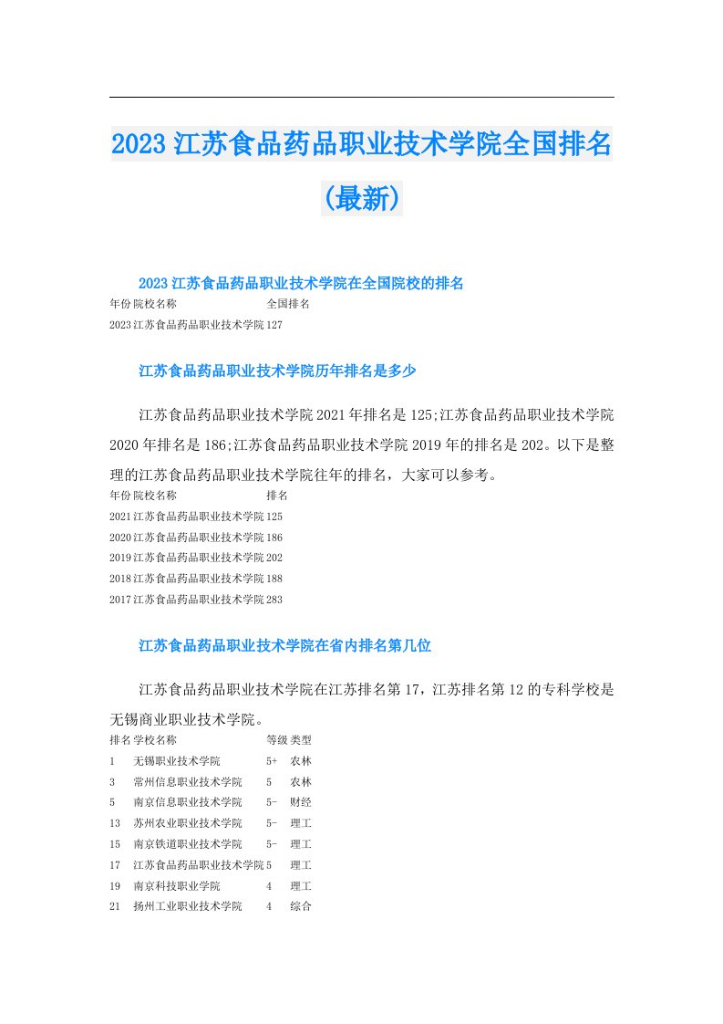 江苏食品药品职业技术学院全国排名(最新)