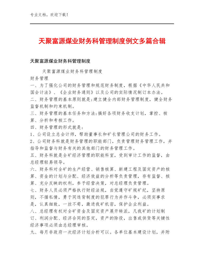 天聚富源煤业财务科管理制度例文多篇合辑