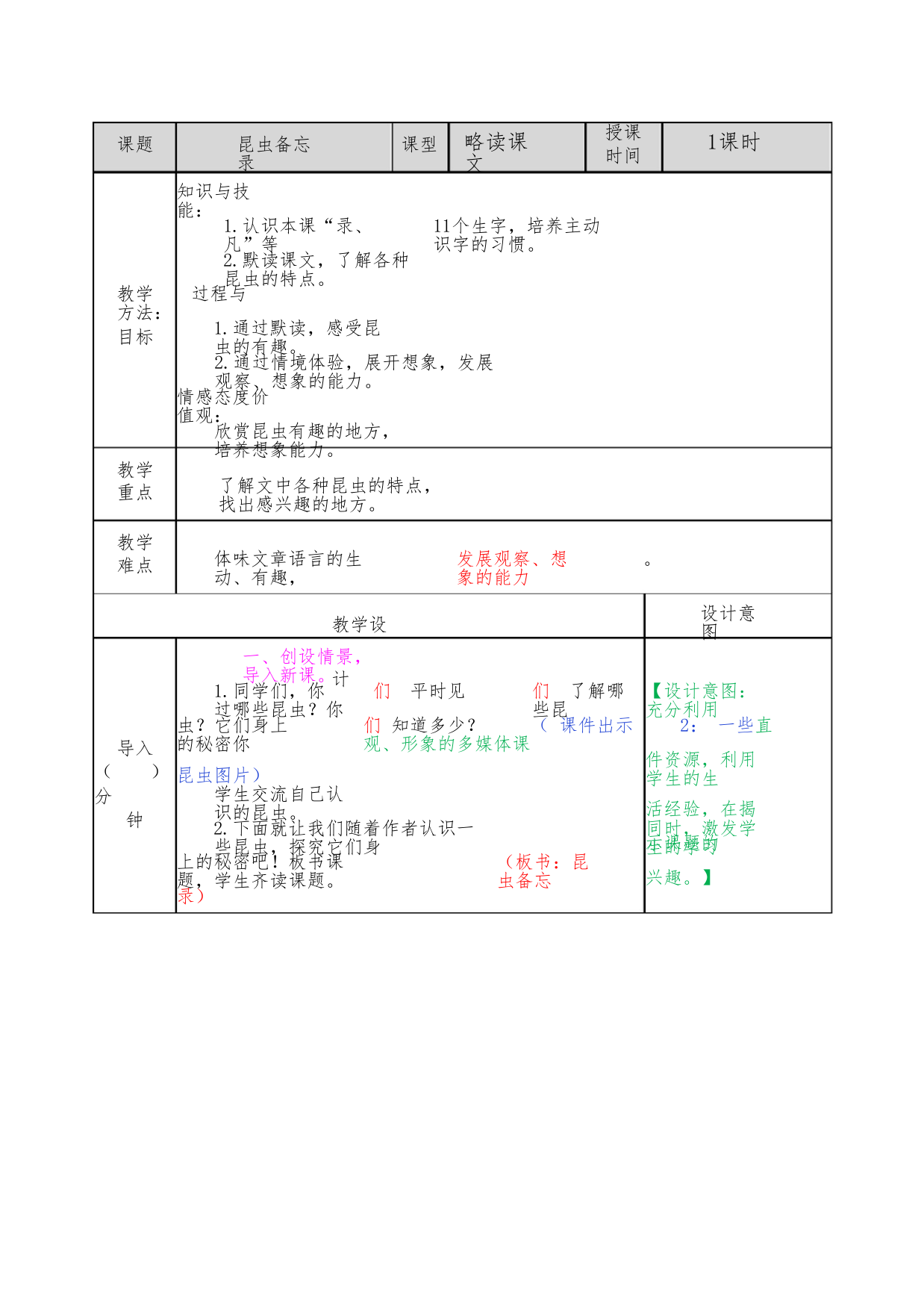 2020春部编人教版三年级语文下册表格式教案《4昆虫备忘录》教案+课时作业+教学反思+备课素材