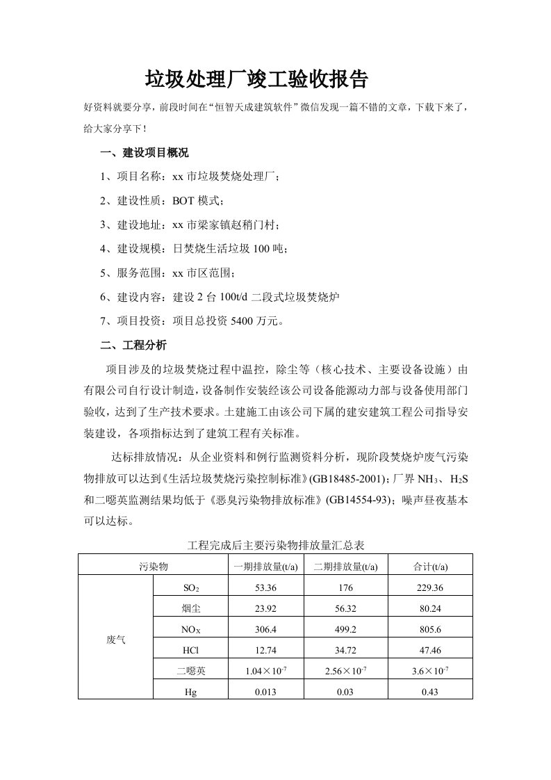 垃圾处理厂竣工验收报告