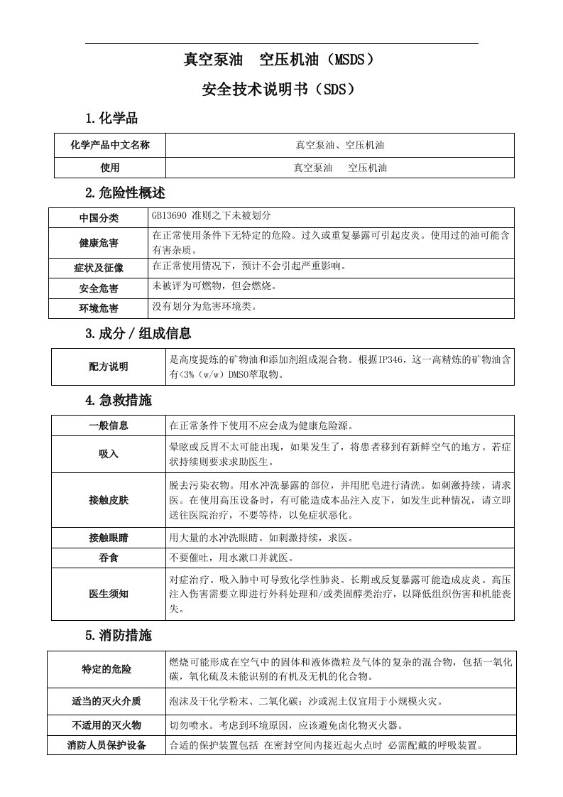 真空泵油安全技术说明书（SDS）