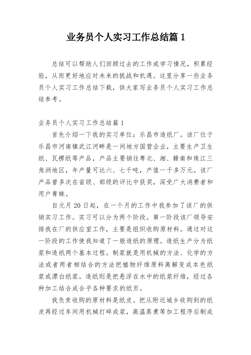 业务员个人实习工作总结篇1