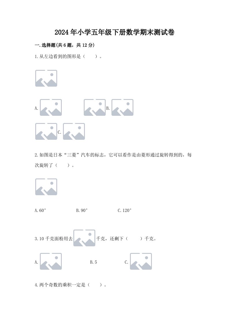 2024年小学五年级下册数学期末测试卷【有一套】