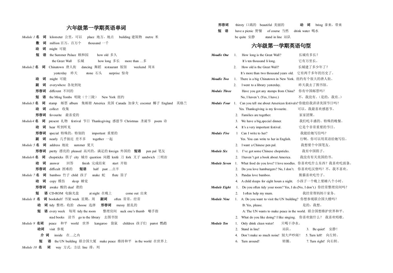 六年级第一学期英语复习