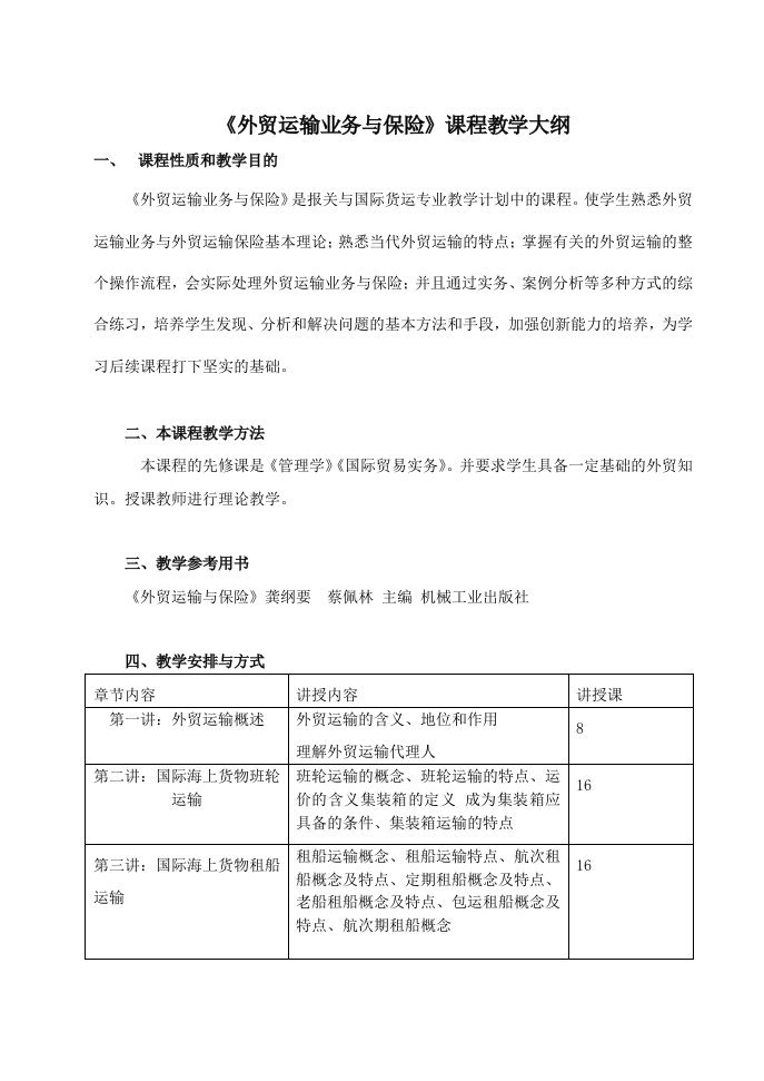 金融保险-报关专科外贸运输业务与保险教学大纲及考试大纲