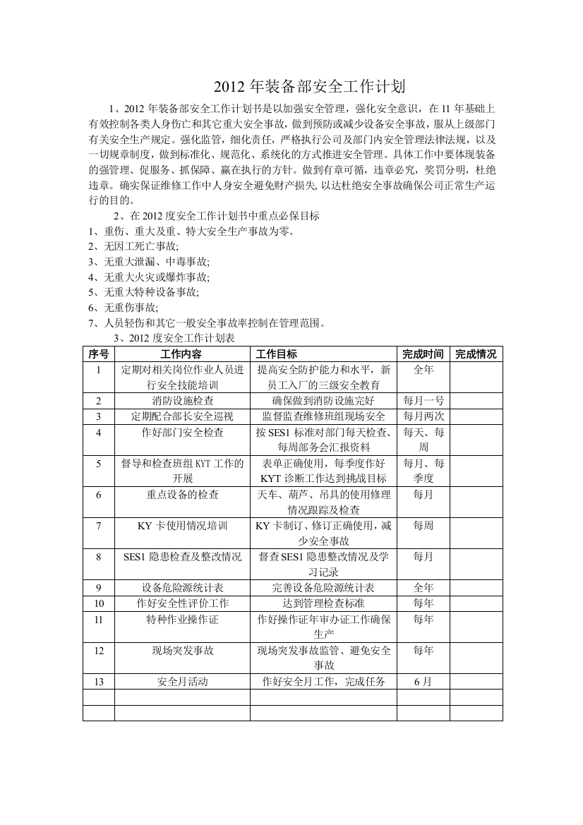 2012年装备部安全工作计划[1]