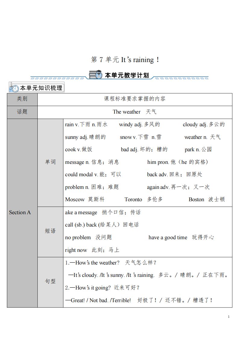 最新人教版初中七年级英语下册第七单元集体备课教案