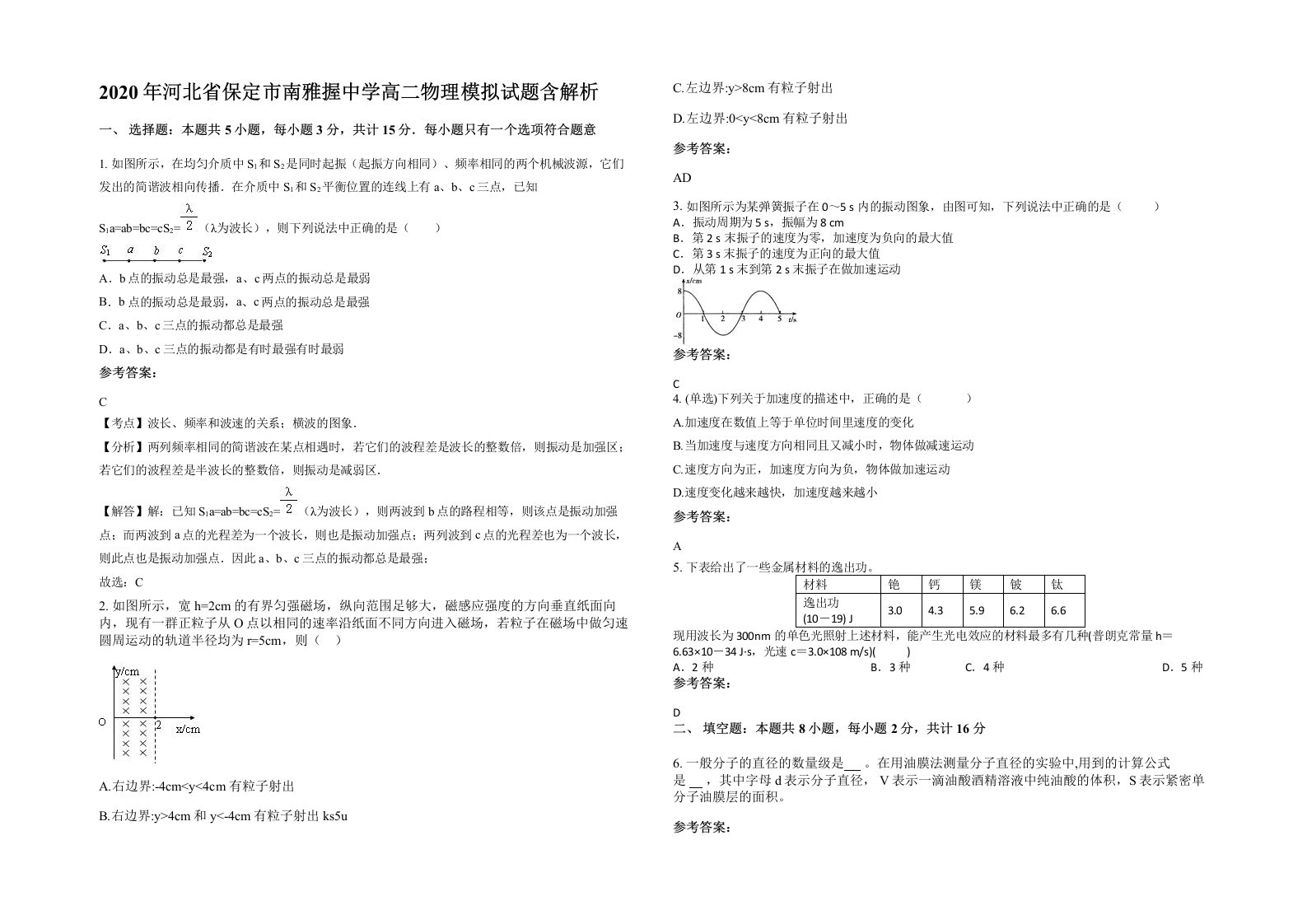 2020年河北省保定市南雅握中学高二物理模拟试题含解析