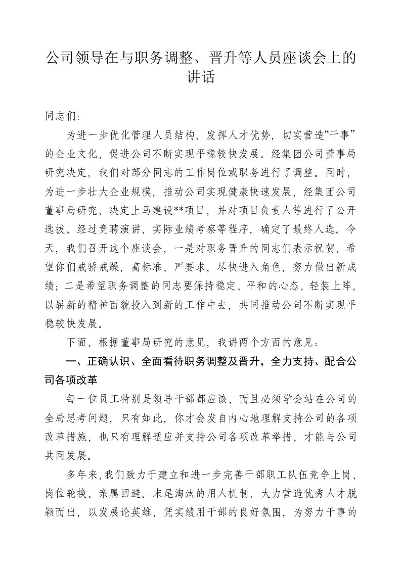 公司领导在与职务调整晋升等人员座谈会上的讲话