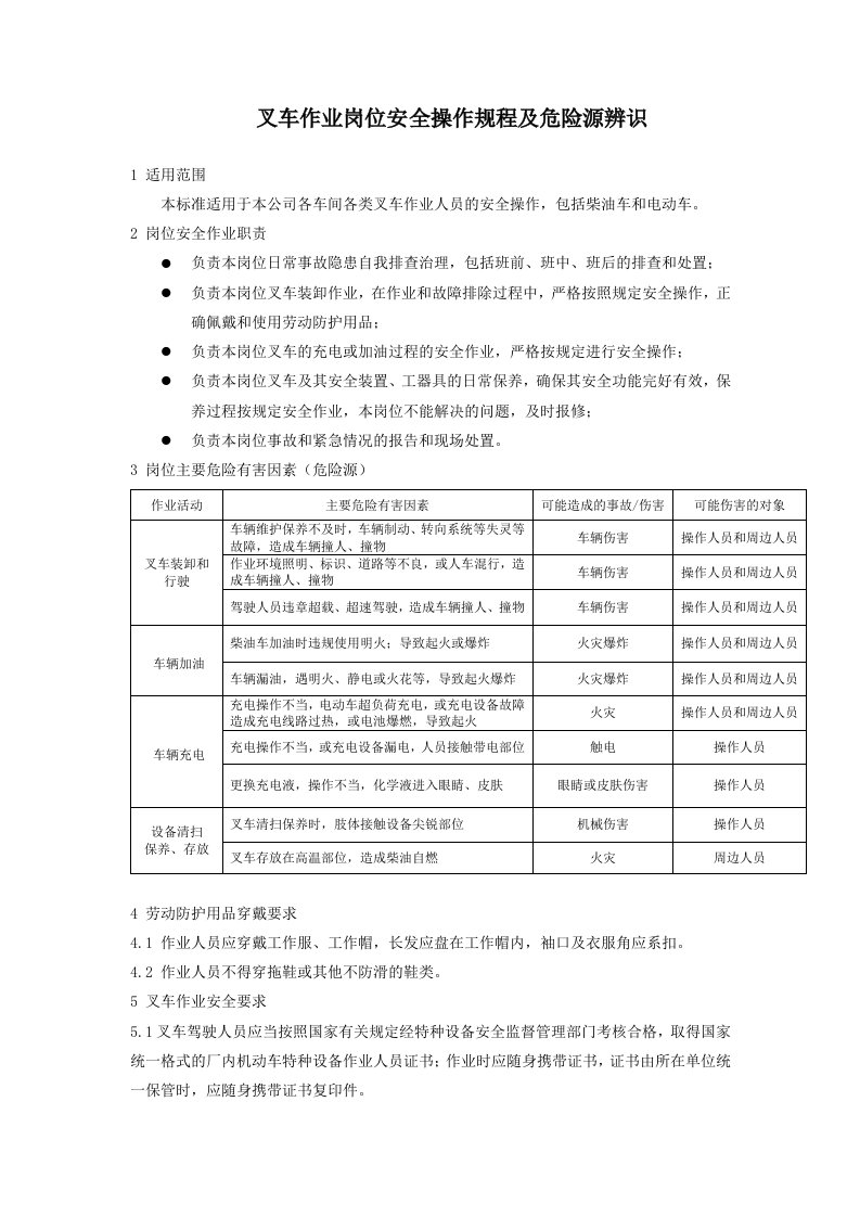 叉车作业岗位安全操作规程及危险源辨识