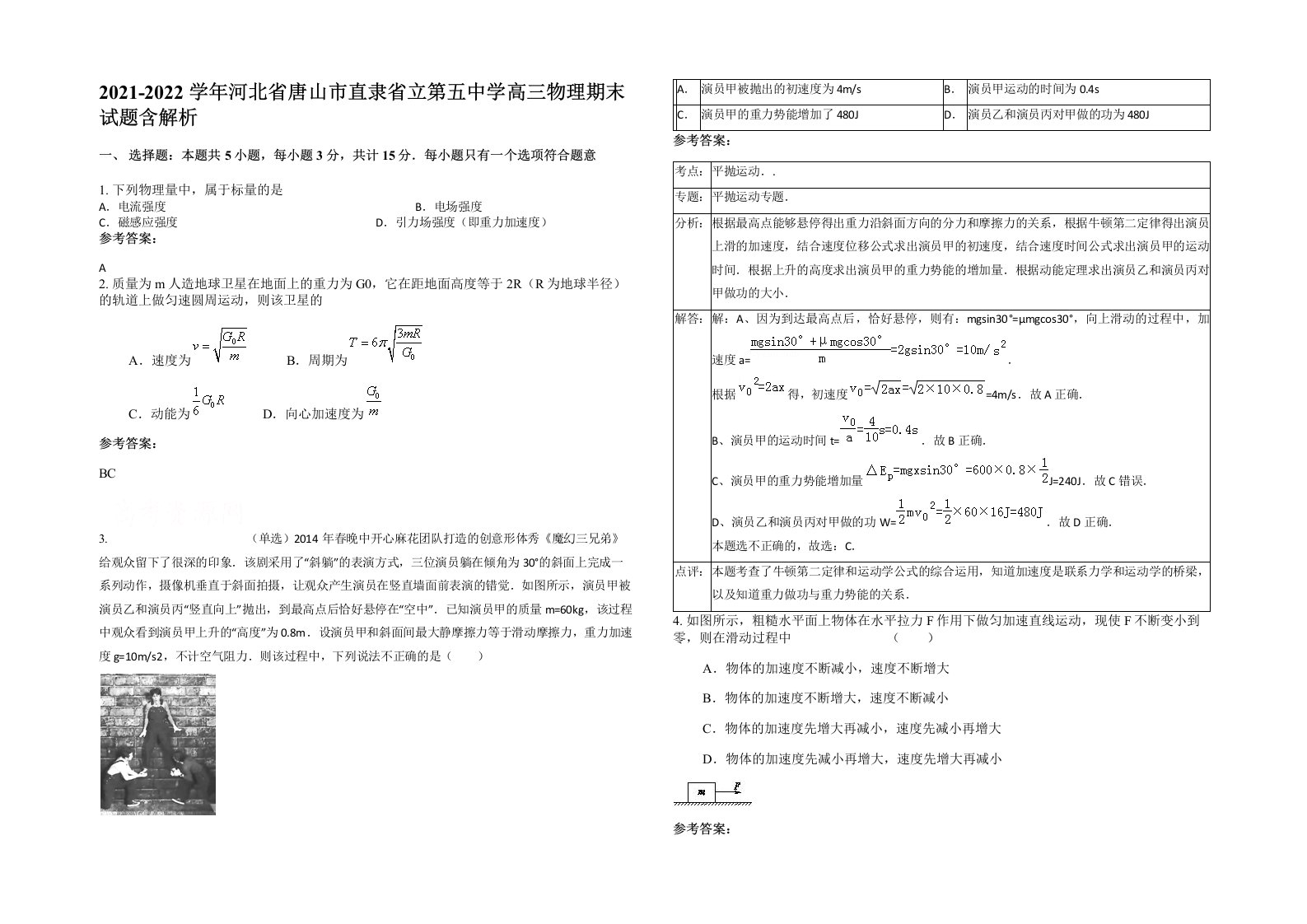 2021-2022学年河北省唐山市直隶省立第五中学高三物理期末试题含解析