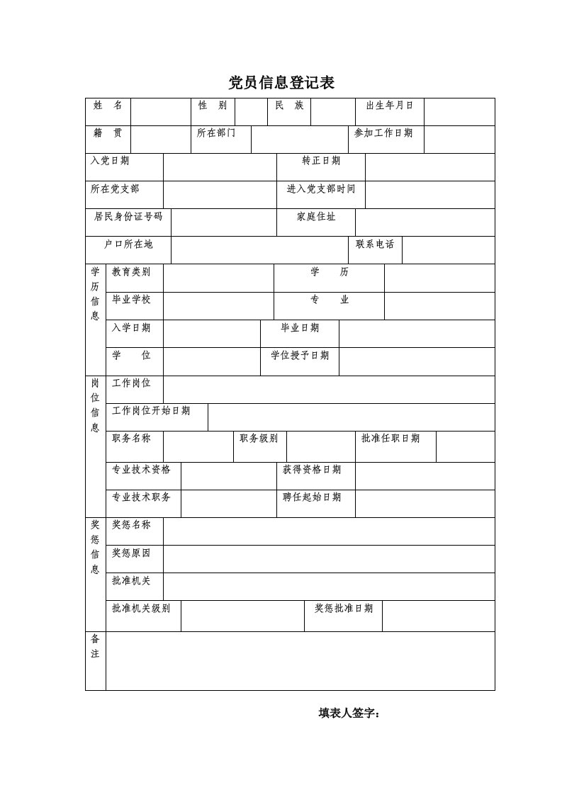 党员个人信息登记表样表