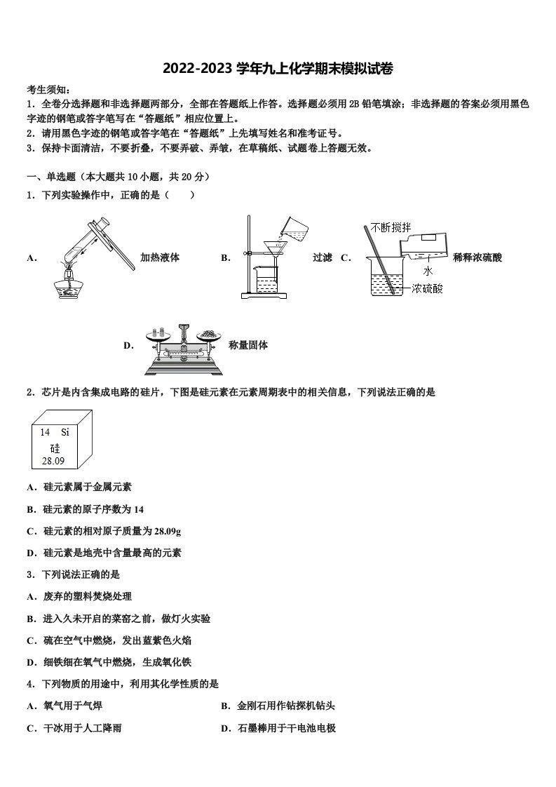 2022年北京市石景山区景山学校化学九年级第一学期期末复习检测模拟试题含解析