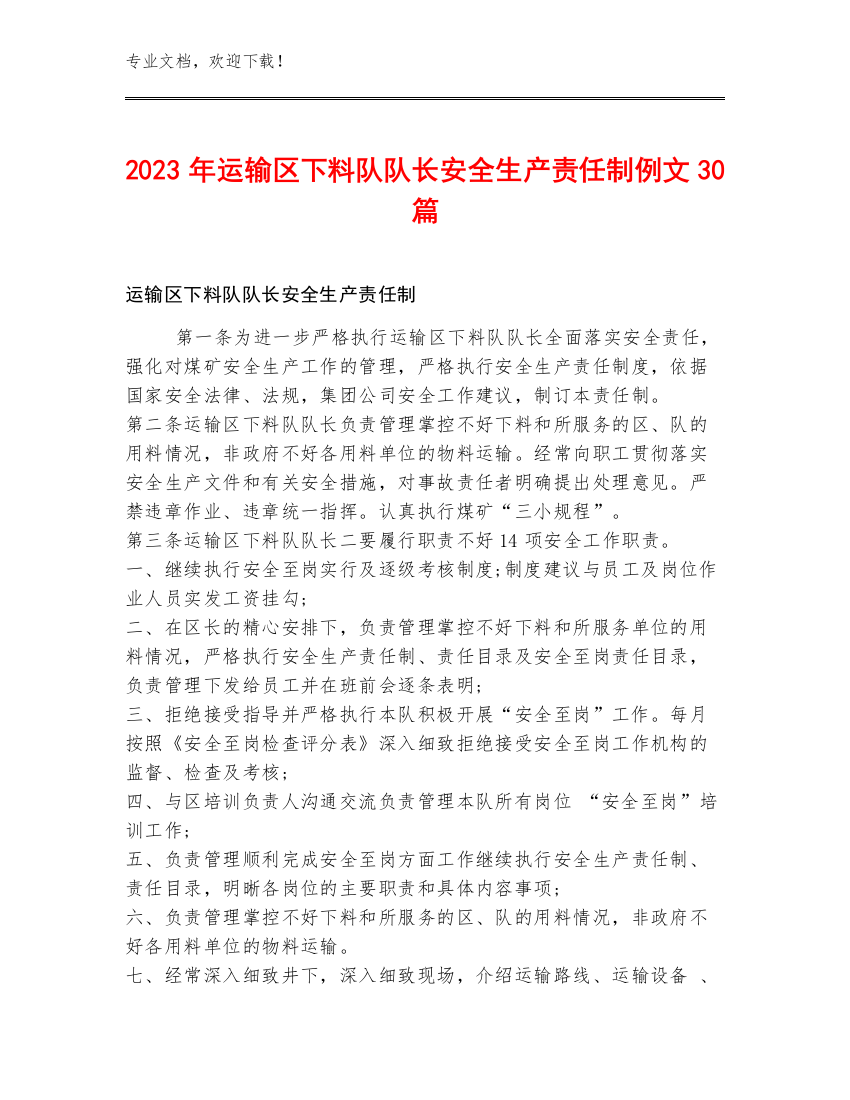 2023年运输区下料队队长安全生产责任制例文30篇