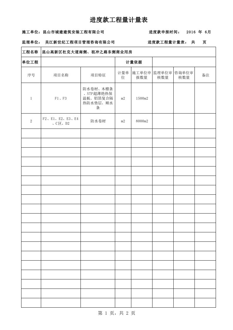 进度款工程量计量表