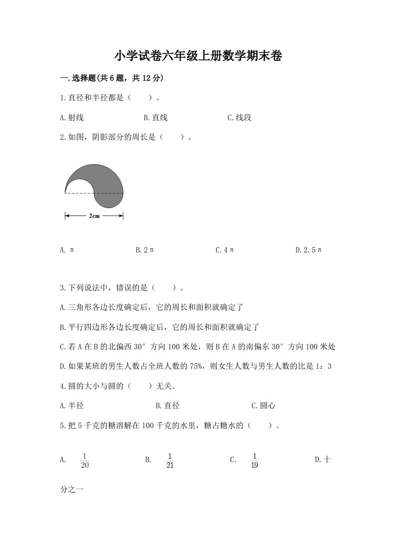 小学试卷六年级上册数学期末卷带答案（模拟题）