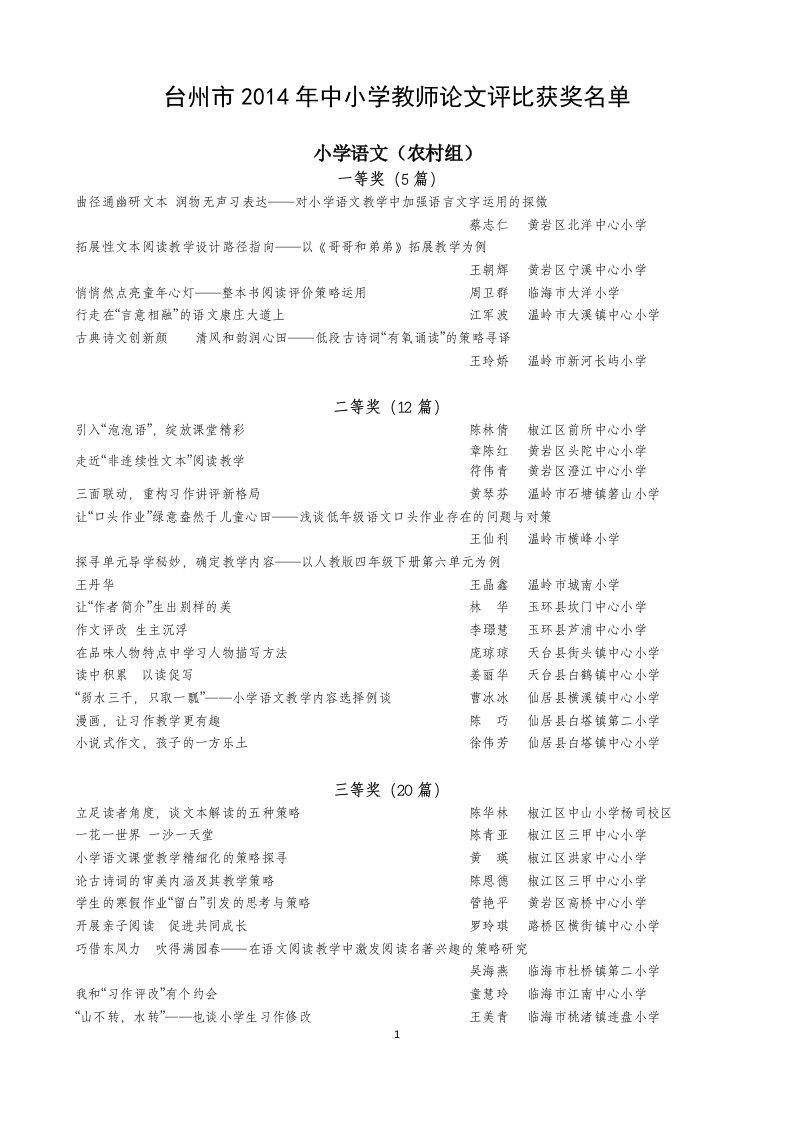 台州市中小学教师论文评比获奖名单（精选）