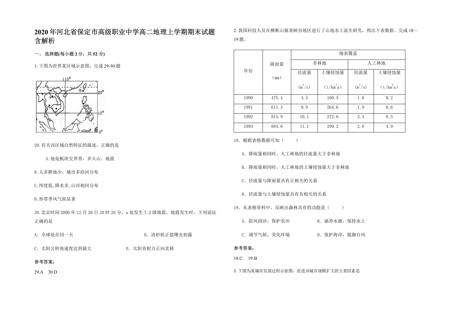 2020年河北省保定市高级职业中学高二地理上学期期末试题含解析