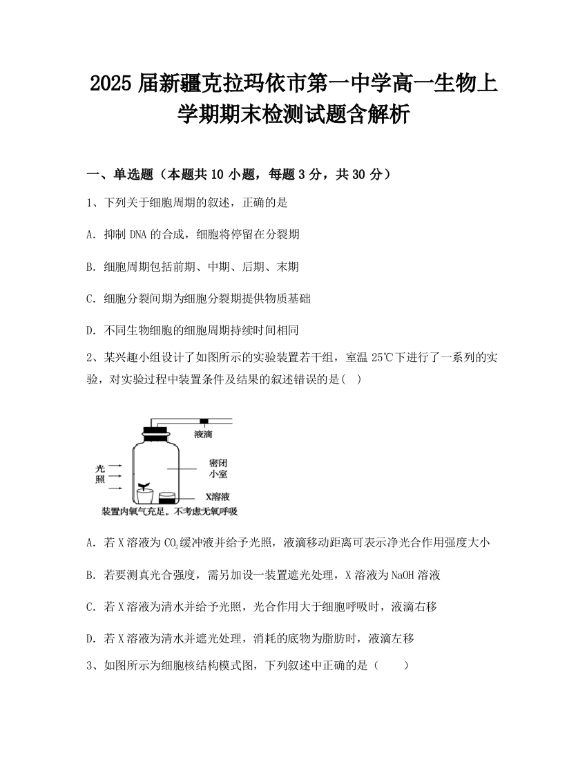 2025届新疆克拉玛依市第一中学高一生物上学期期末检测试题含解析