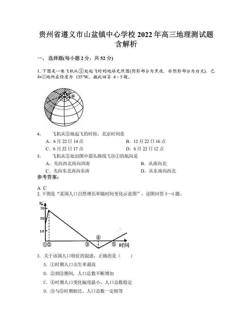 贵州省遵义市山盆镇中心学校2022年高三地理测试题含解析