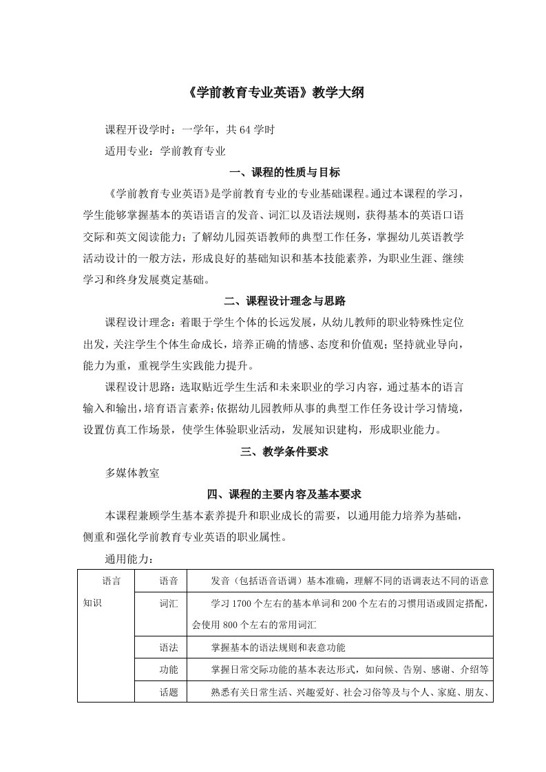 《学前教育专业英语》教学大纲