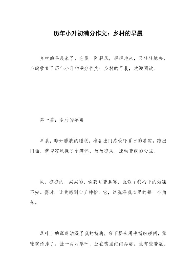 历年小升初满分作文：乡村的早晨