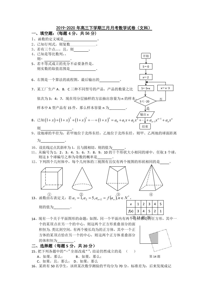 2019-2020年高三下学期三月月考数学试卷（文科）