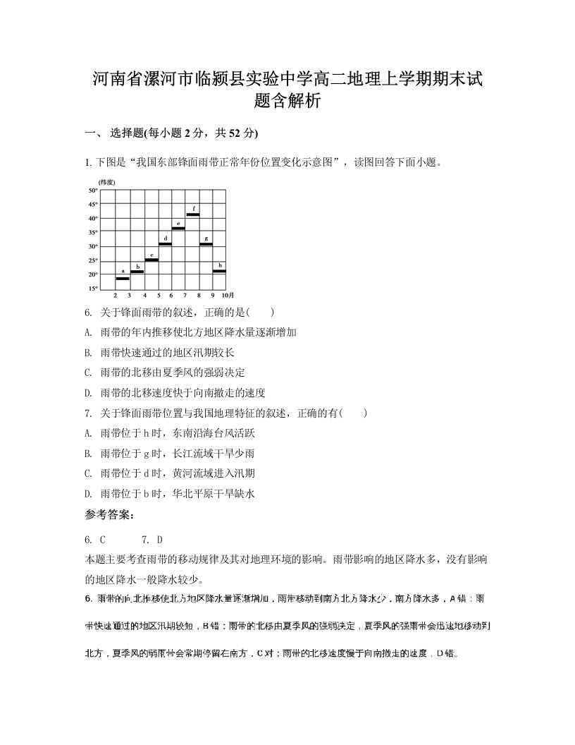 河南省漯河市临颍县实验中学高二地理上学期期末试题含解析