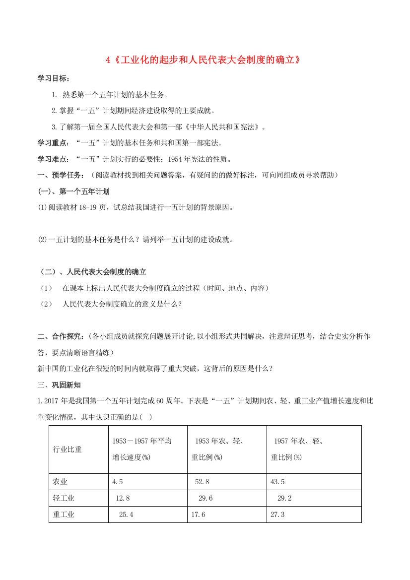 八年级历史下册第二单元社会主义制度的建立与社会主义建设的探索第4课工业化的起步和人民代表大会制度的确