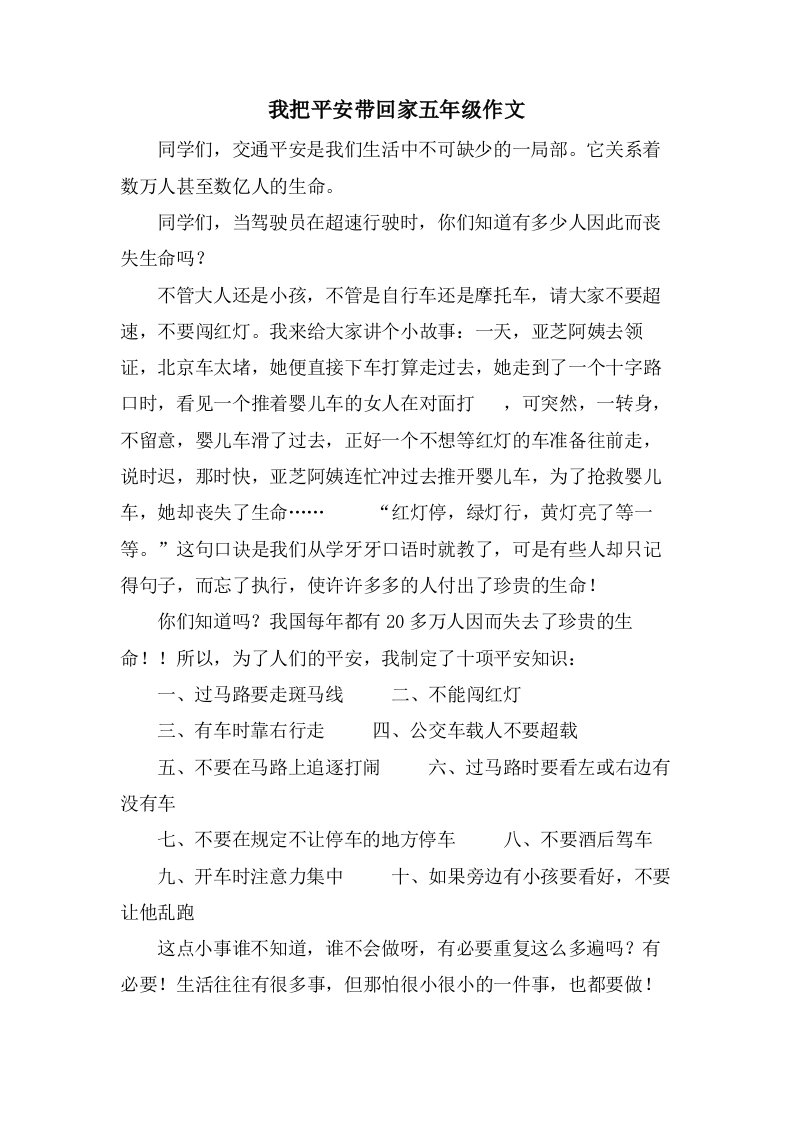 我把安全带回家五年级作文