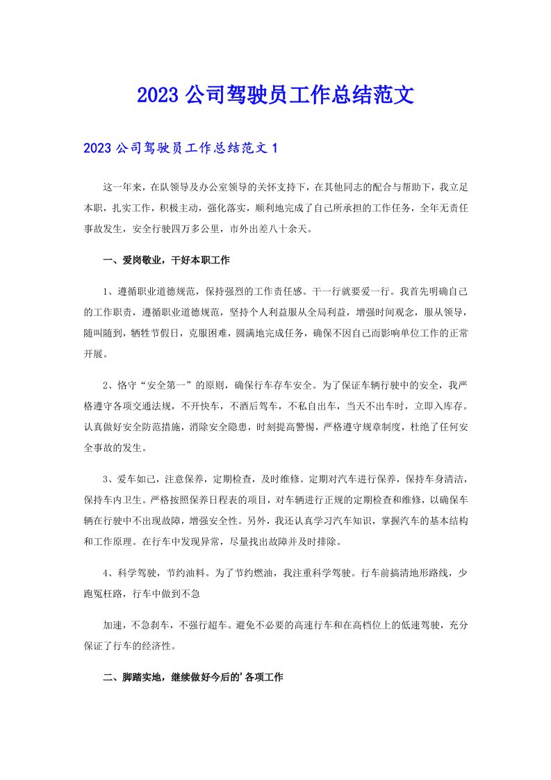 2023公司驾驶员工作总结范文