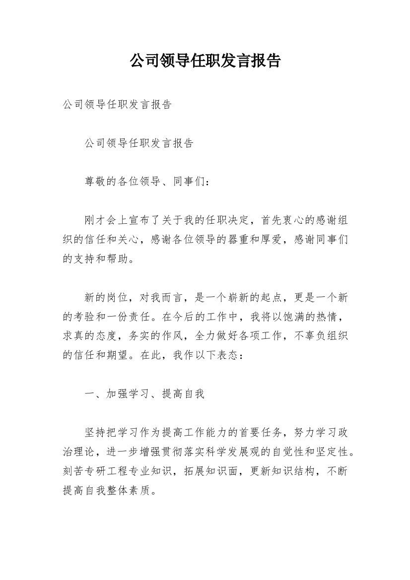 公司领导任职发言报告