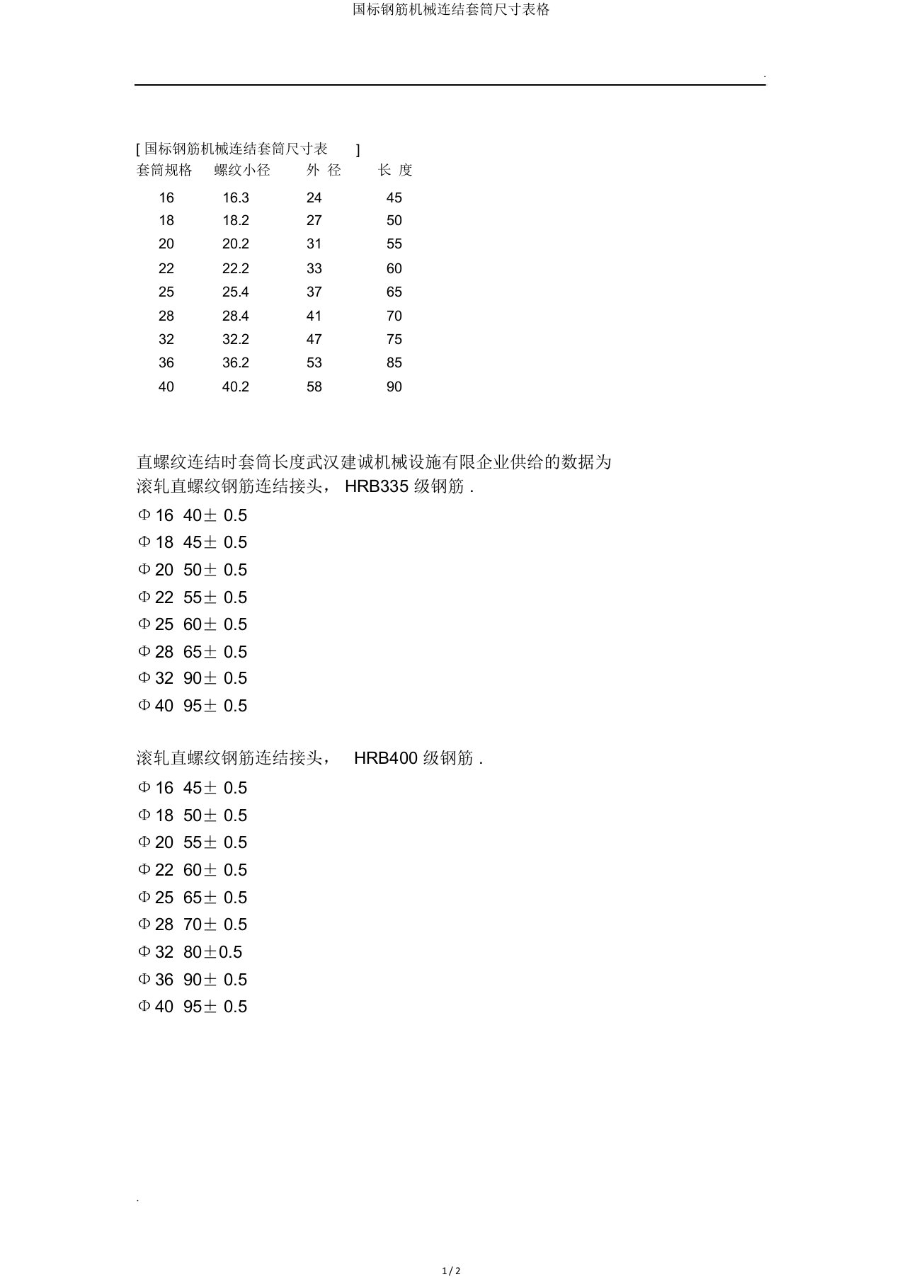 国标钢筋机械连接套筒尺寸表格