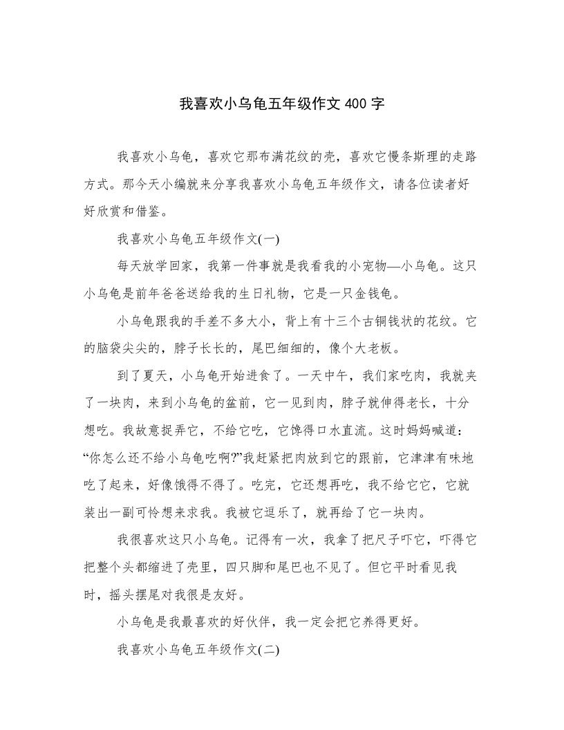 我喜欢小乌龟五年级作文400字