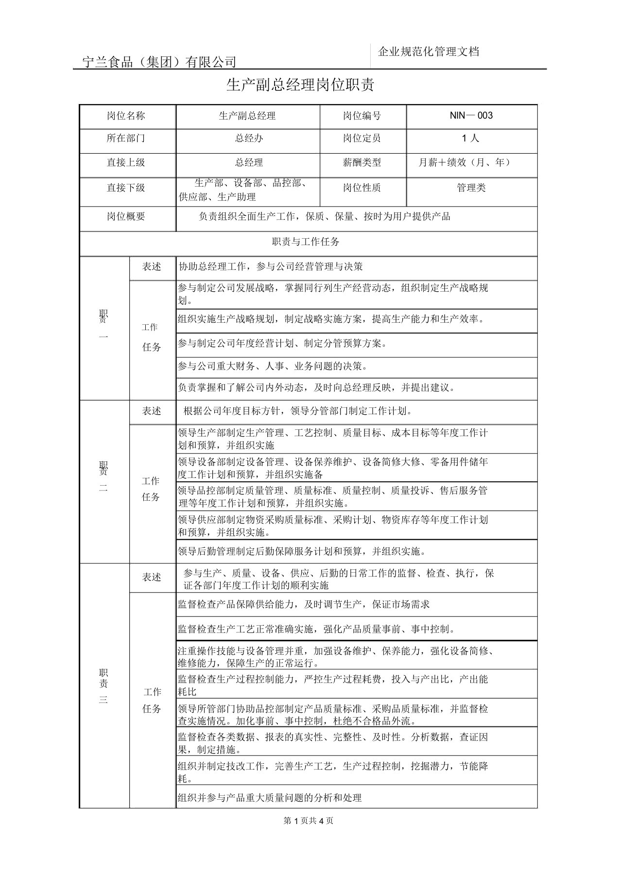 生产副总经理岗位职责说明书