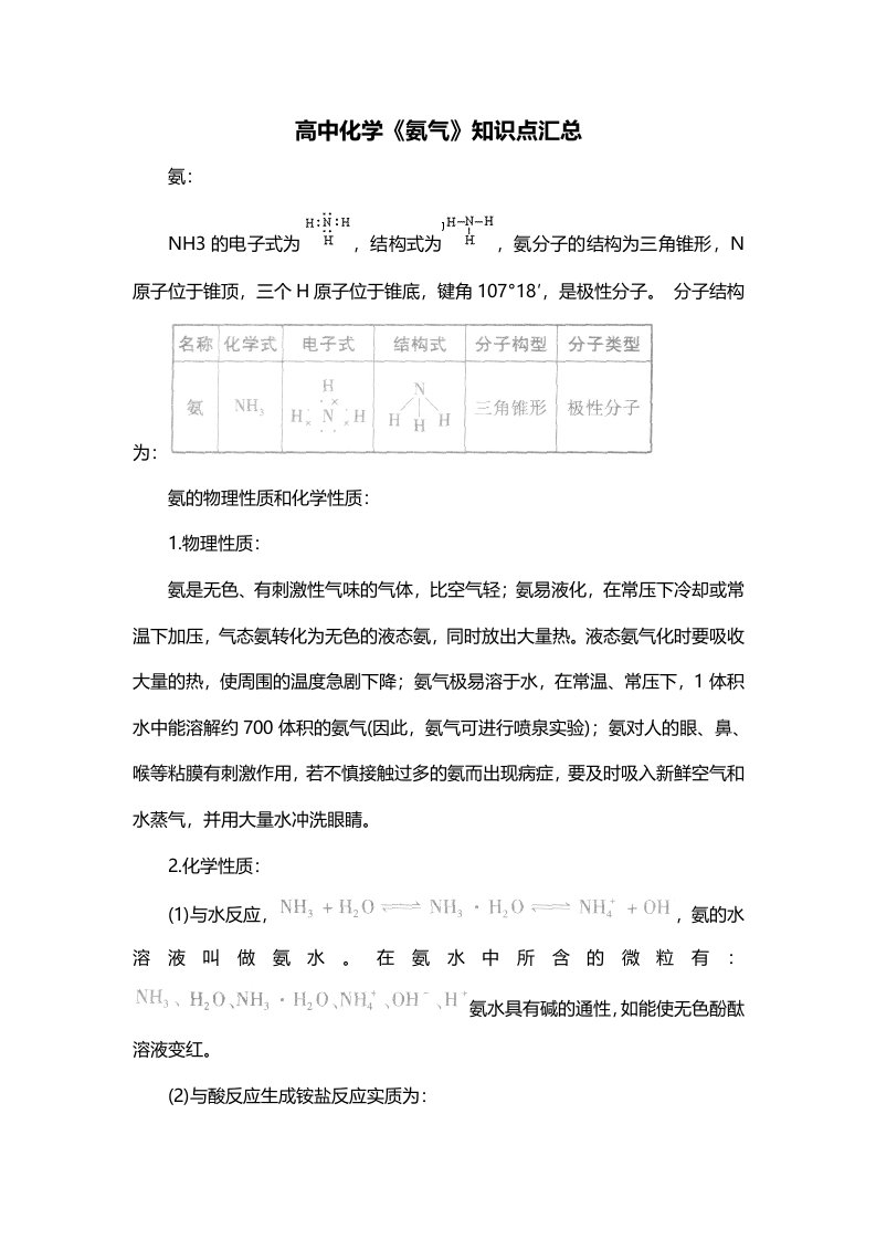 高中化学氨气知识点汇总