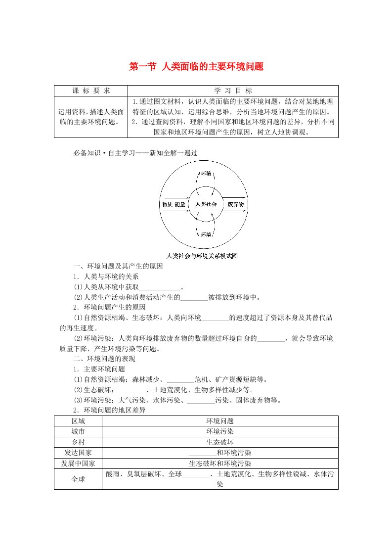 新教材2023版高中地理第五章环境与发展第一节人类面临的主要环境问题学案新人教版必修第二册